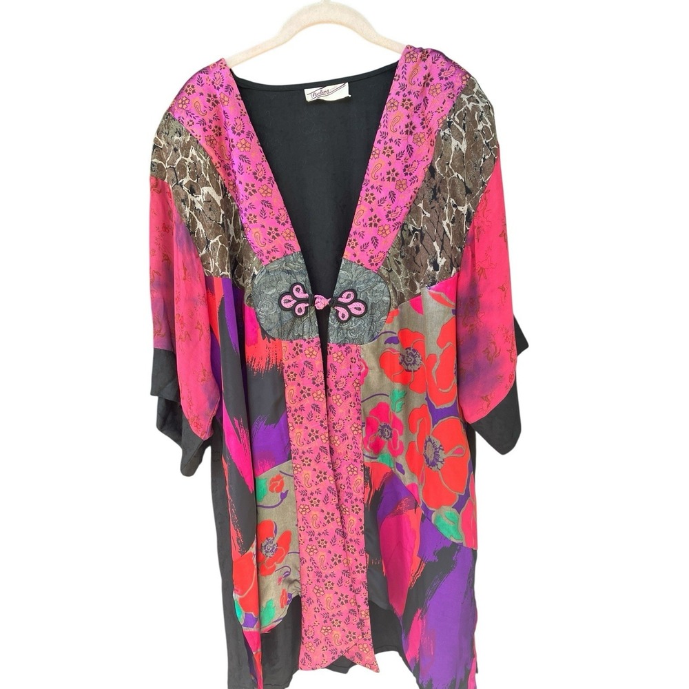 VTG Sterling Styles Patchwork Kimono Jacket Art Silk Cherub Floral Boho One Size